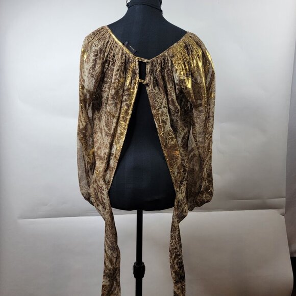 BCBG Maxazria Metallic Paisley Sheer Wrap Blouse Sz S - Picture 7 of 15